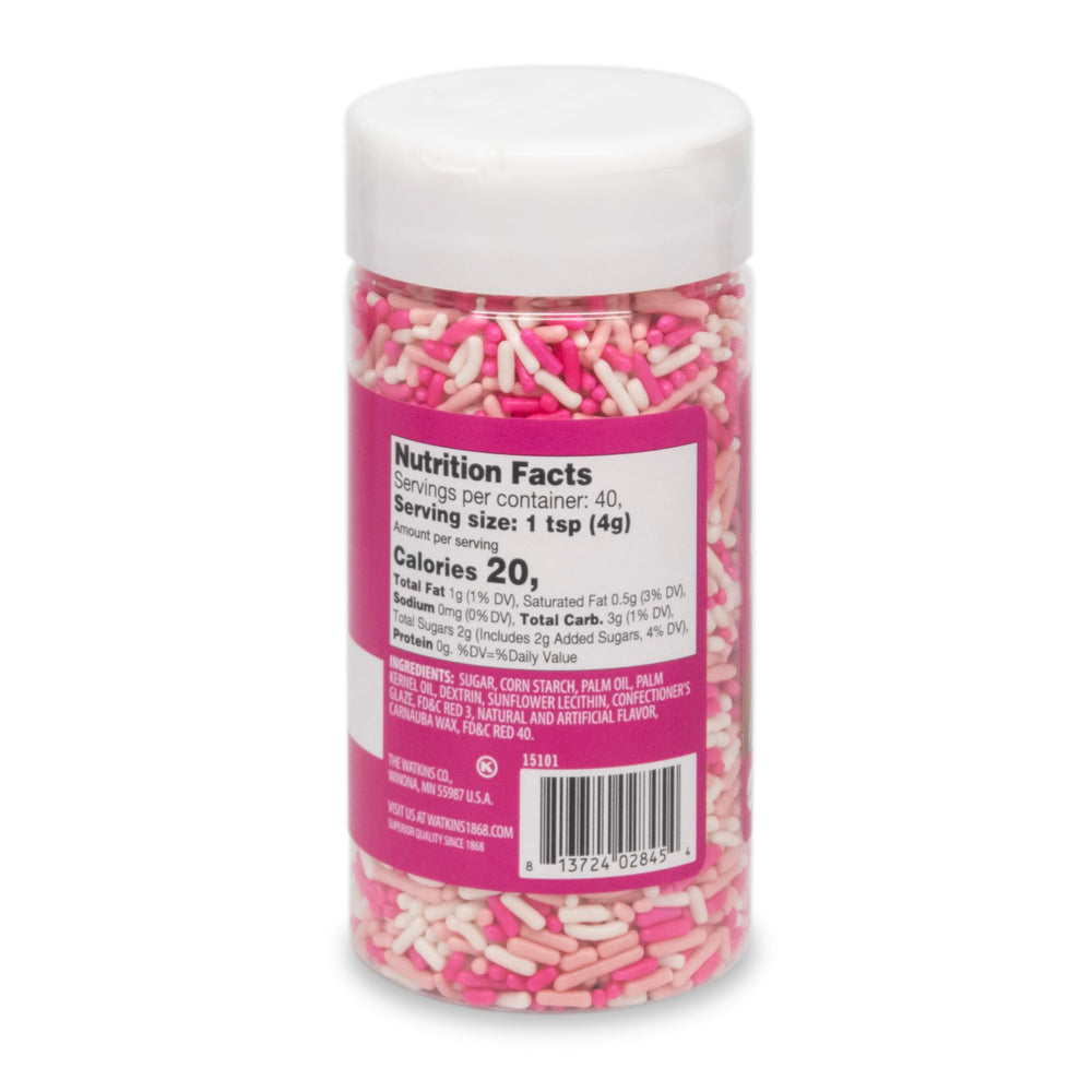 Watkins Barbie Sprinkles Pink Medley toppings brighten cookies and ice cream.