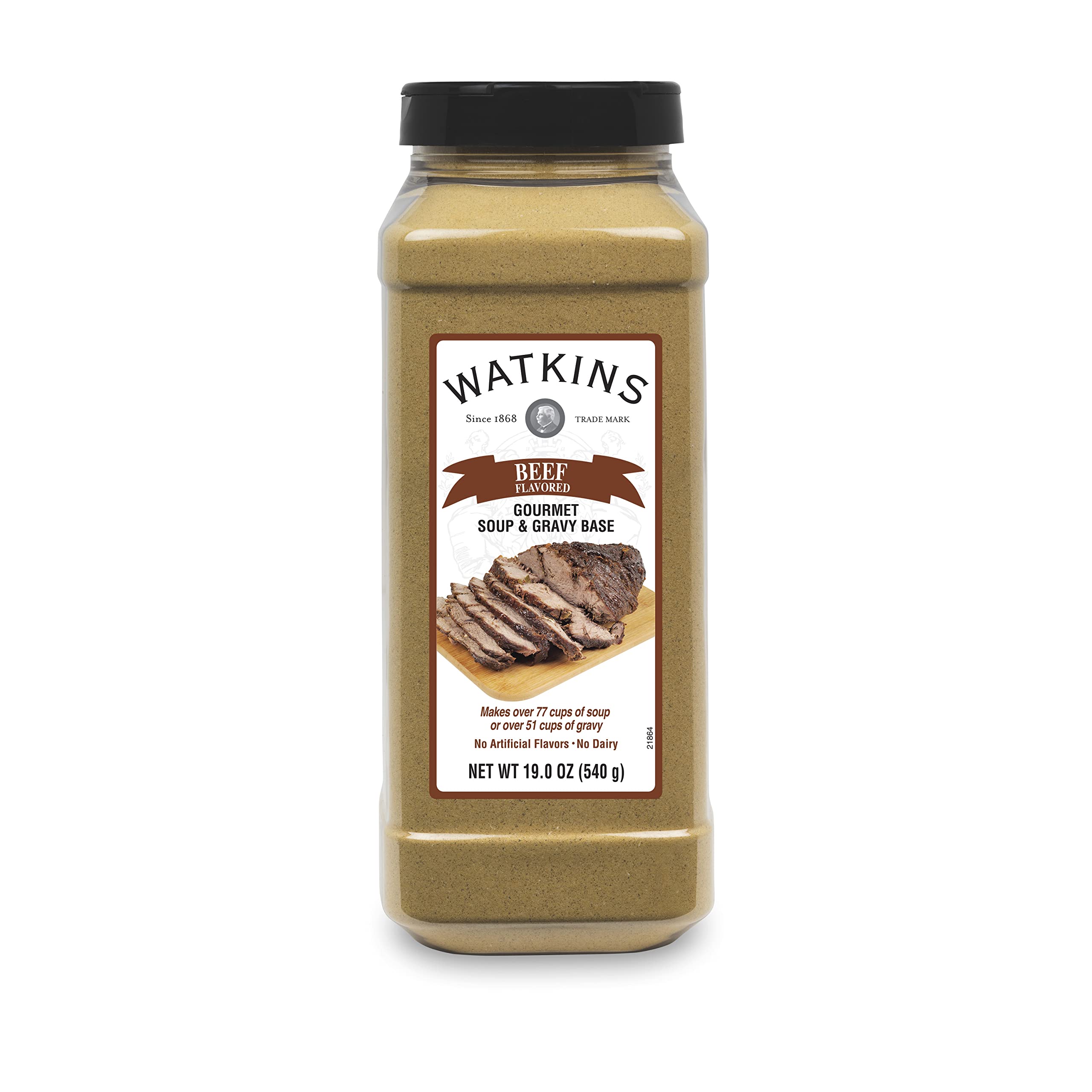 Watkins Beef Base front label in a 19oz can for quick, homemade stocks.