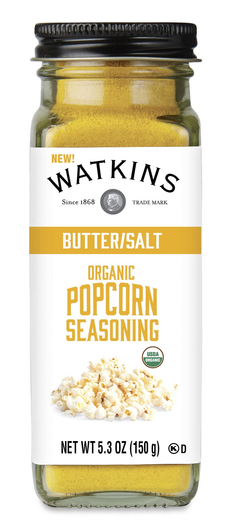 Watkins butter and salt popcorn seasoning jar close-up highlighting gourmet flavor.