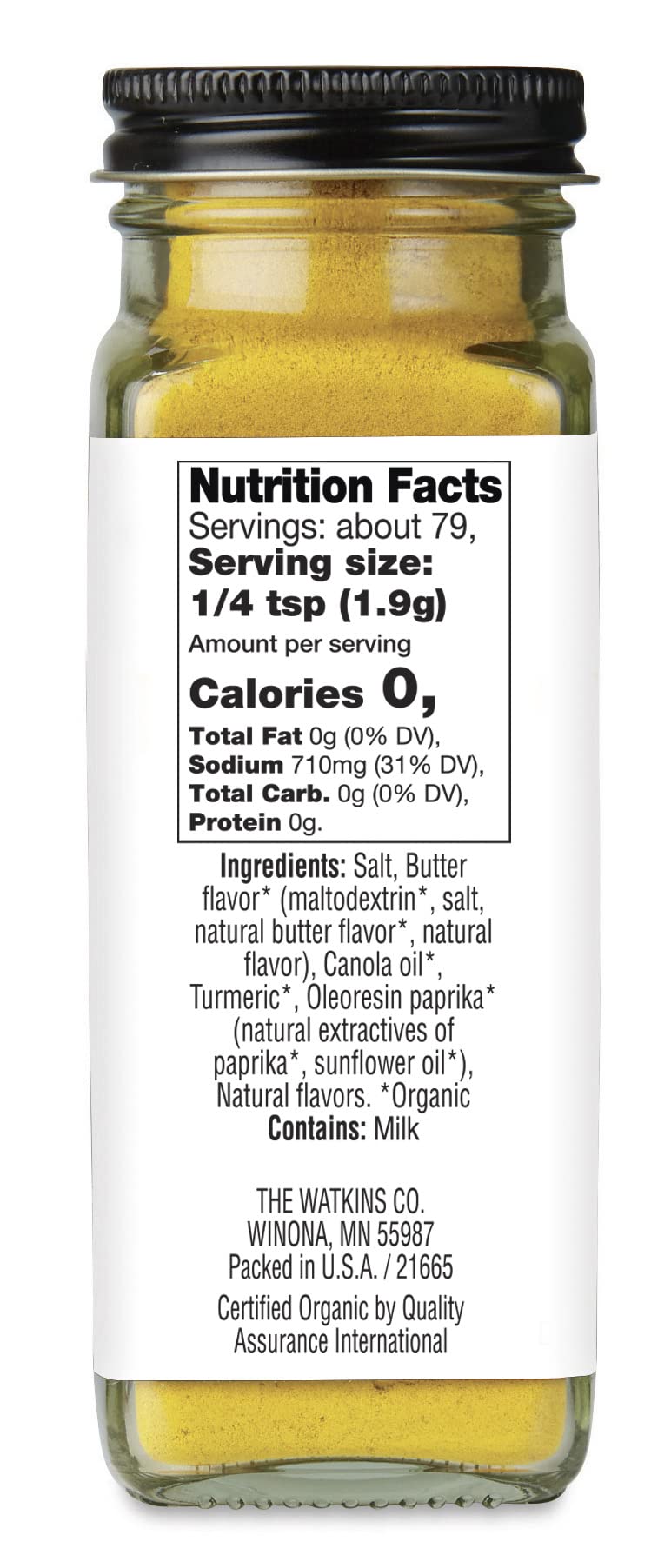 Watkins Organic Butter and Salt Popcorn Seasoning packaging shows organic, kosher certification.
