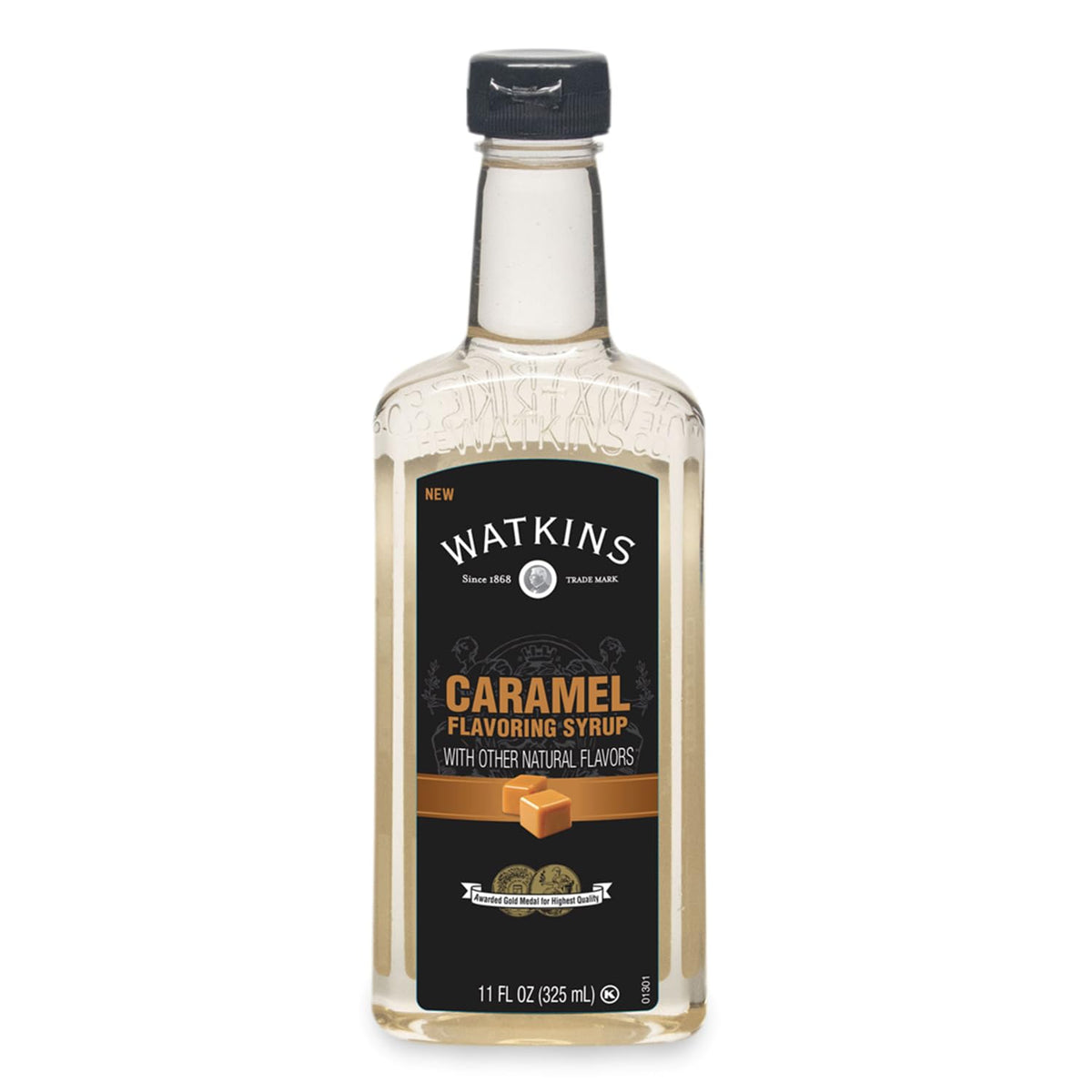 Watkins caramel coffee flavoring syrup bottle front elevates home café flavor.