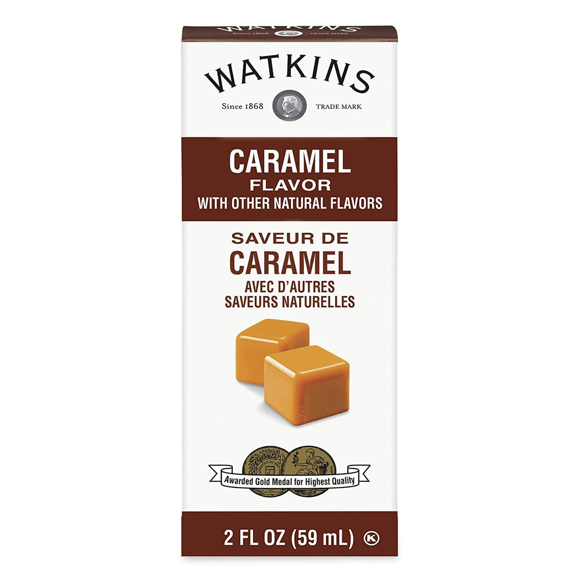 Watkins caramel flavor 2oz bottle three-pack, ideal for baking and flavoring drinks.