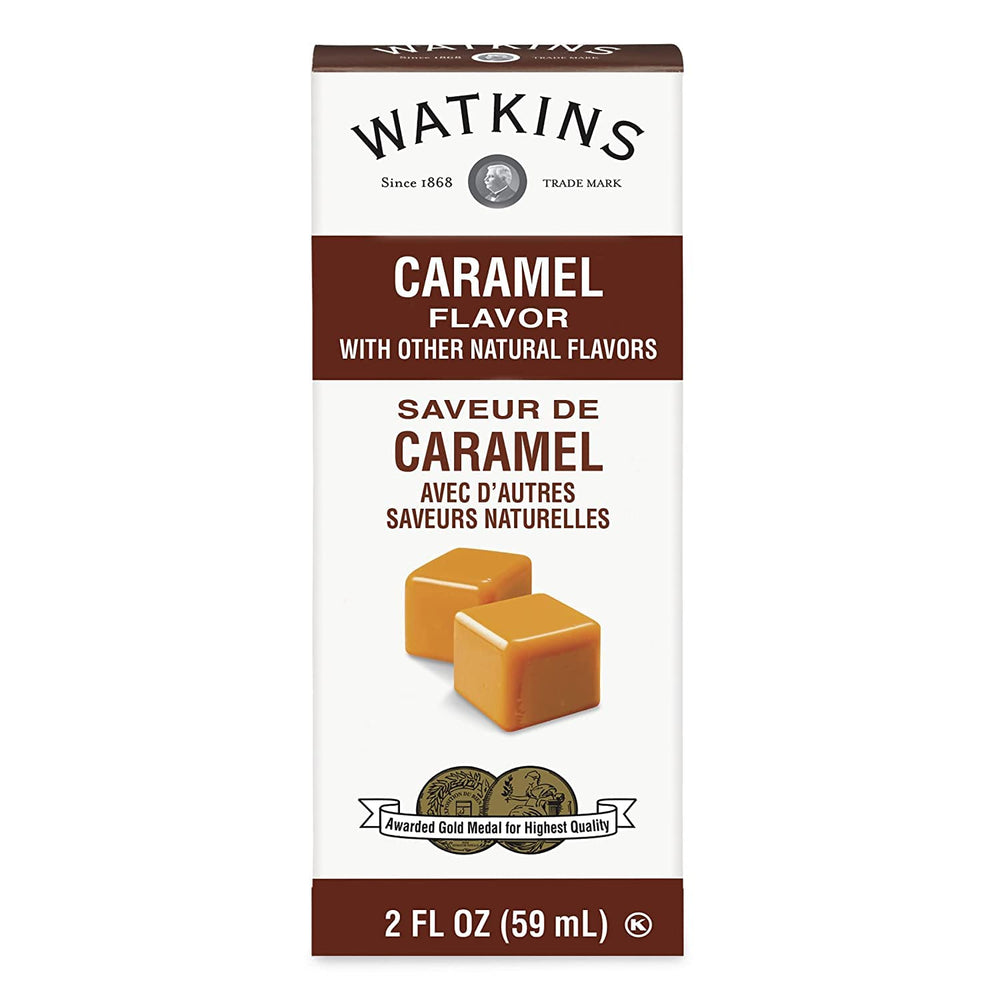 Watkins caramel flavor 2oz bottle pouring for toppings and desserts.