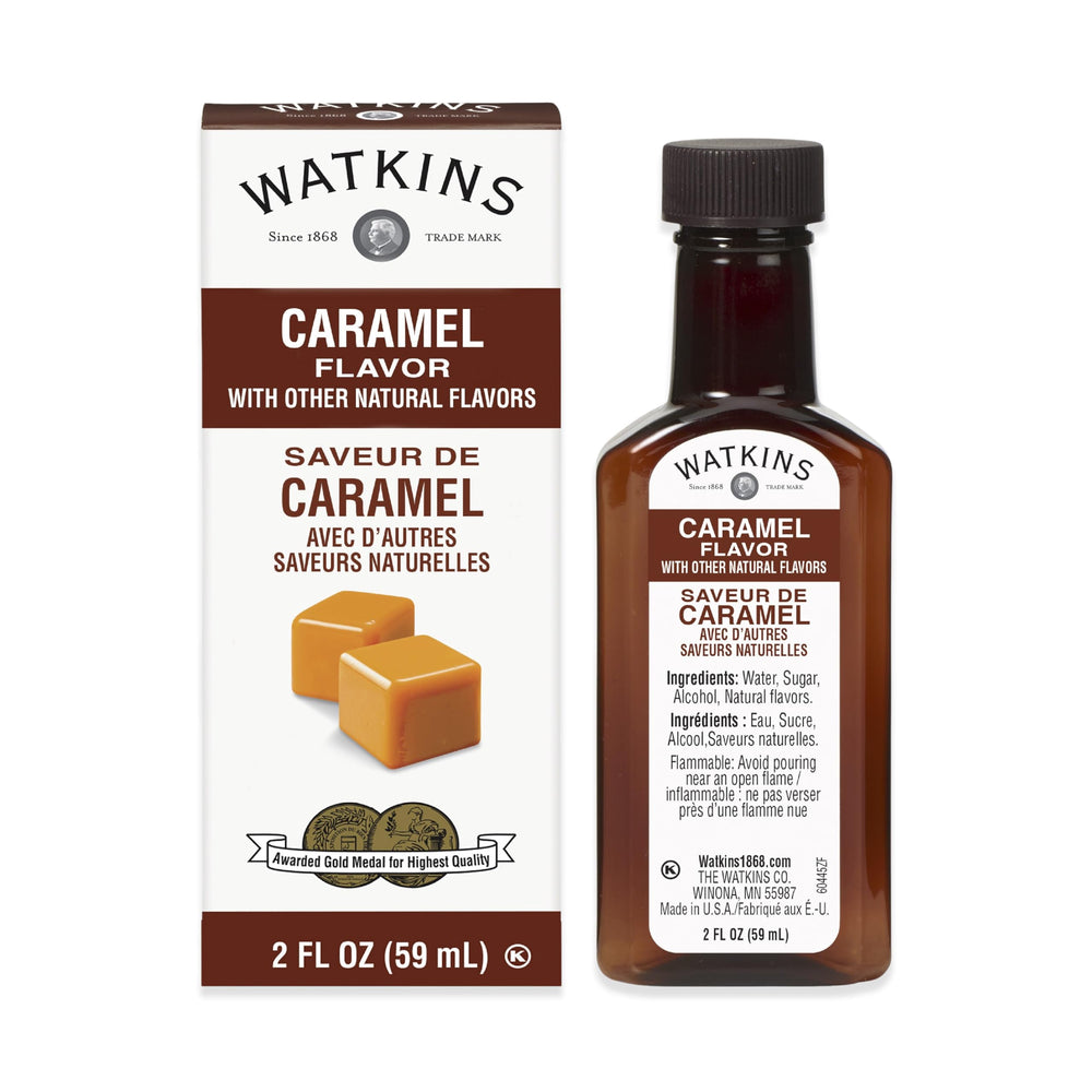 Watkins Caramel Flavor bottle-pour shows premium, concentrated caramel for baking and beverages