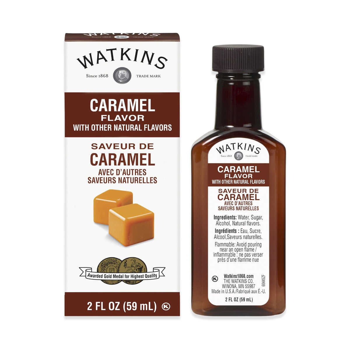 Watkins Caramel Flavor bottle-pour shows premium, concentrated caramel for baking and beverages