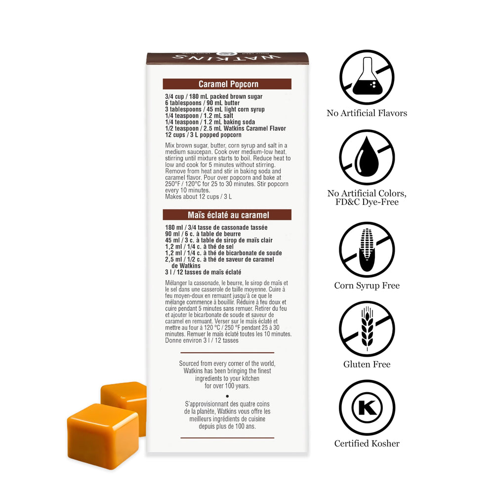 Watkins Caramel Flavor label-closeup highlights no artificial colors and quality ingredients