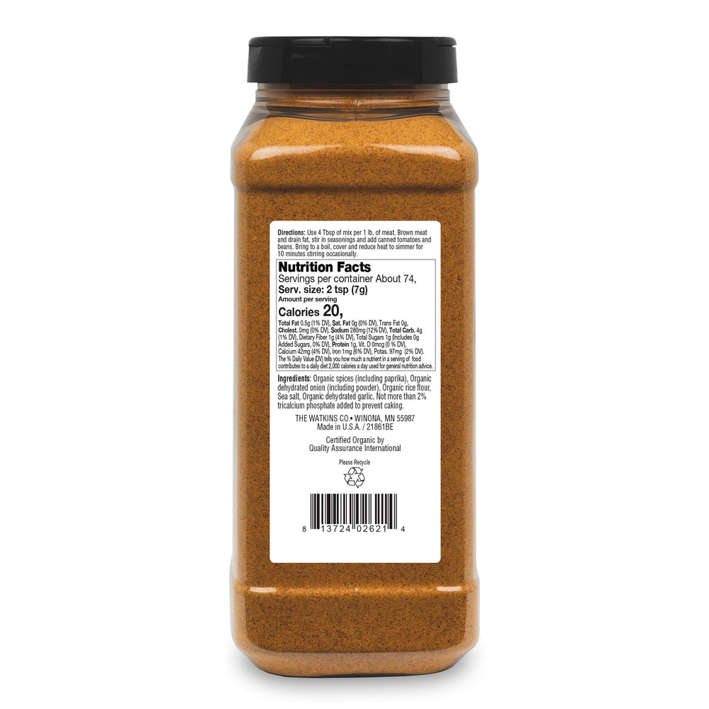 Watkins Chili Dry Seasoning jar closeup; premium herbs for bold, home-cooked dishes.