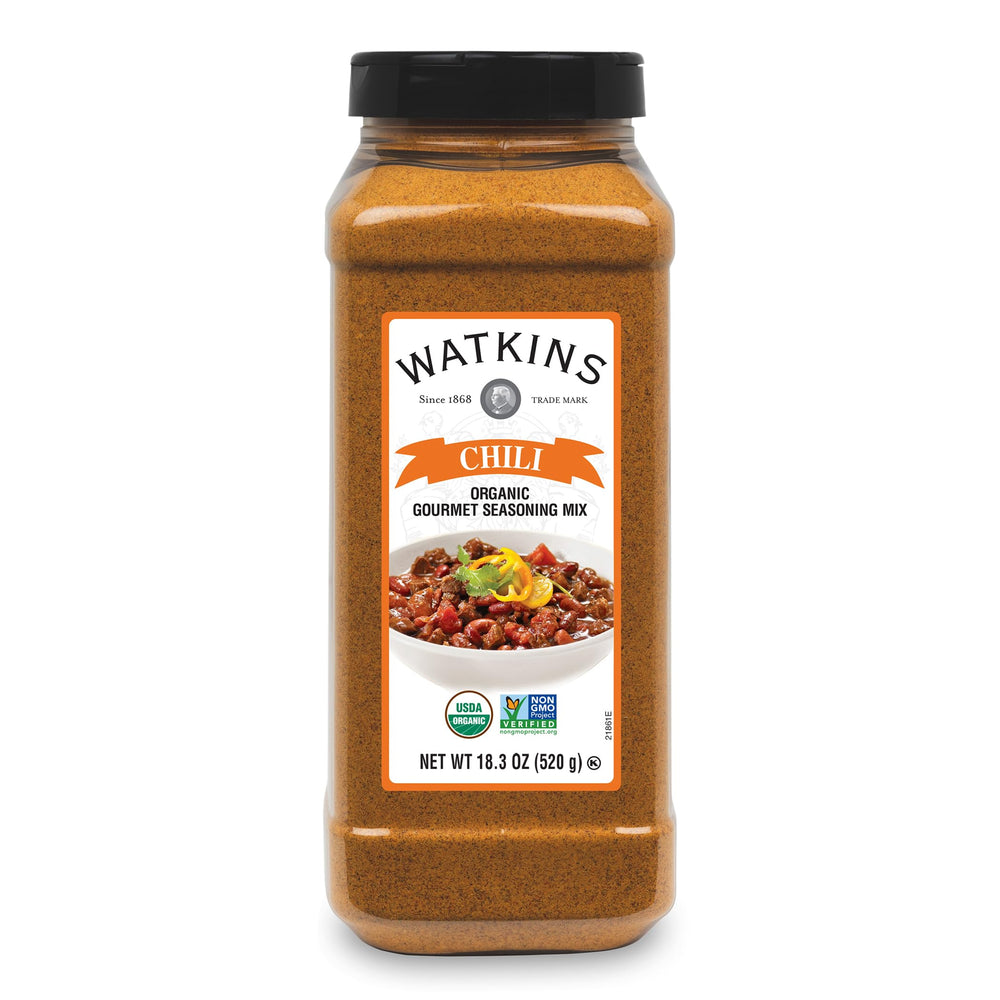 Watkins Chili Dry Seasoning jar pour; easy-grip bottle for quick, flavorful meals.