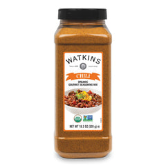 Watkins Chili Dry Seasoning jar pour; easy-grip bottle for quick, flavorful meals.