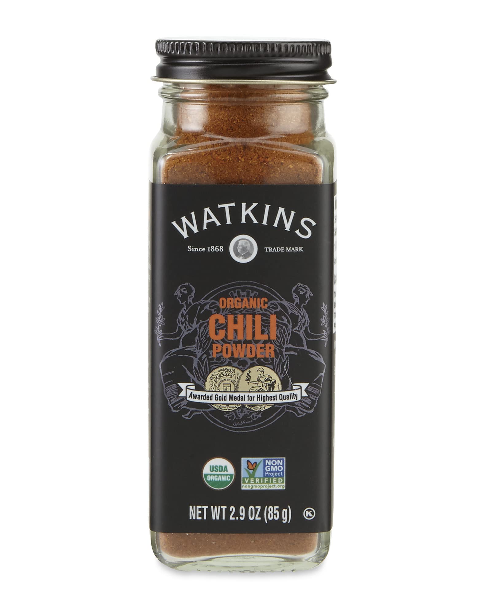 Watkins chili powder in a square glass bottle for organized pantry storage.