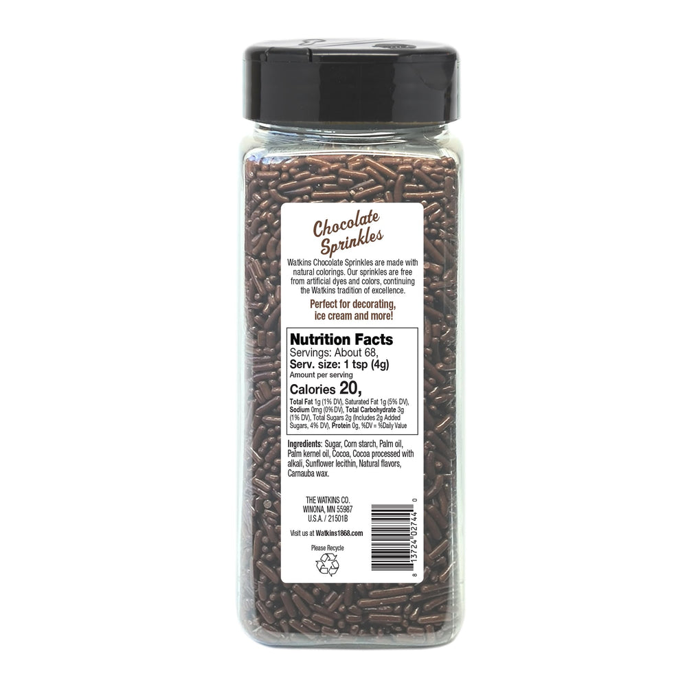 Watkins Chocolate Sprinkles close-up on frosting, adding color without artificial dyes.