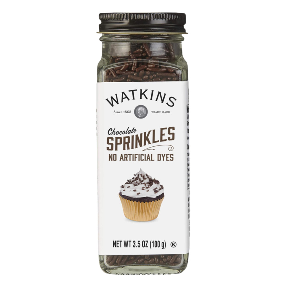 Watkins Chocolate Decorating Sprinkles on cupcakes add natural color and festive shine.