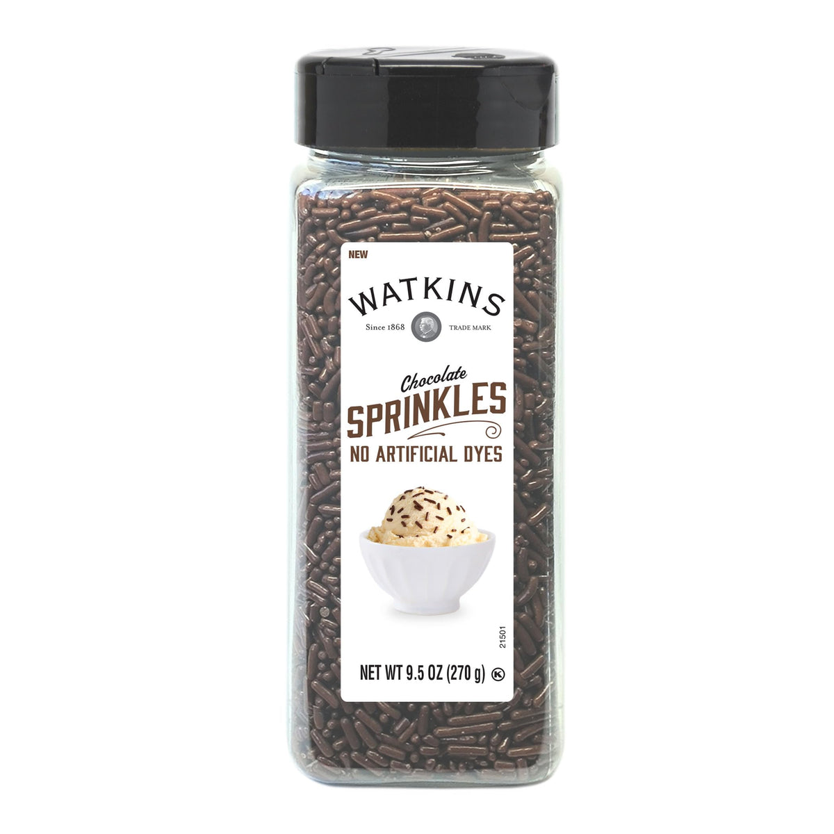 Watkins Chocolate Sprinkles jar showcasing natural colorings for vibrant cakes and cookies.