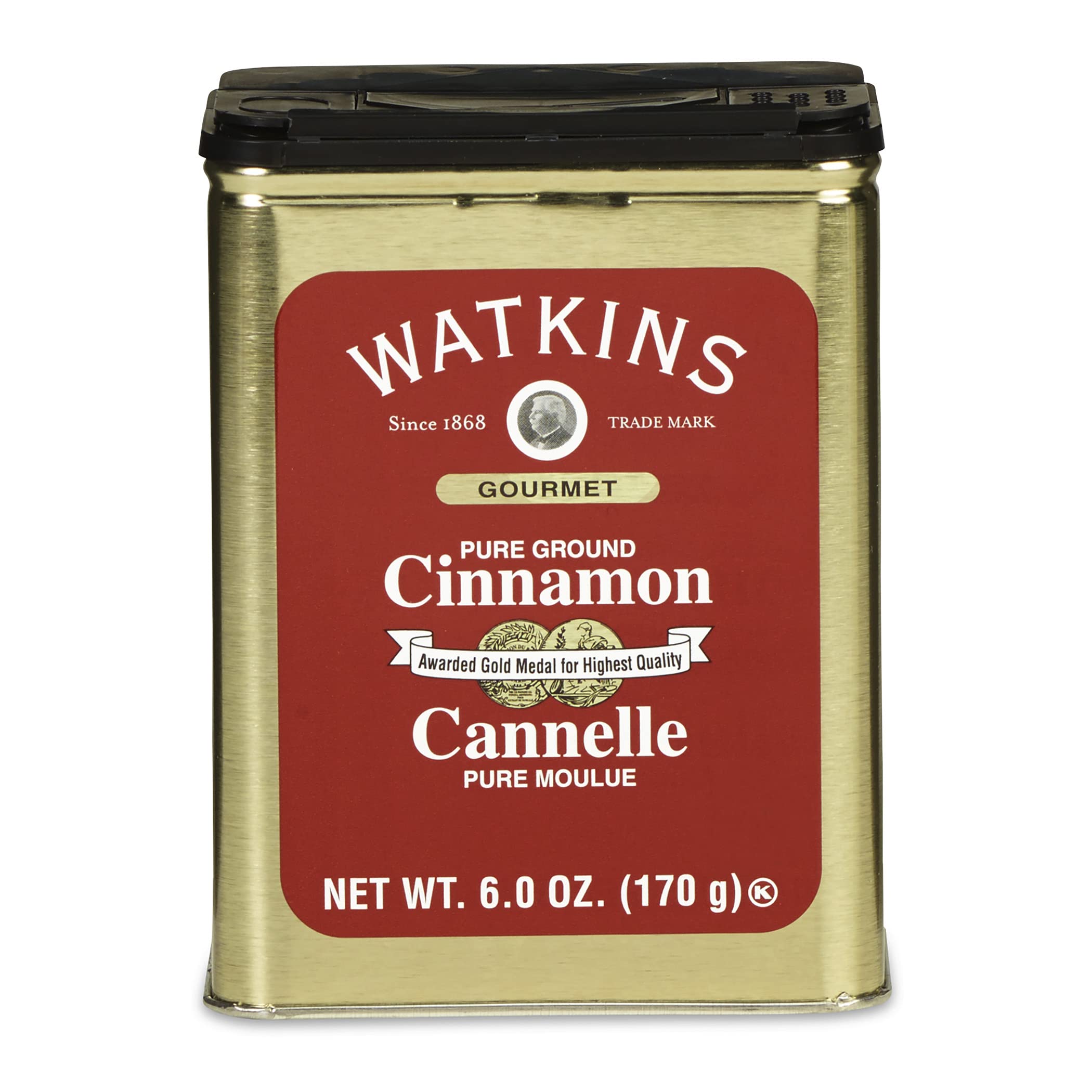 Watkins Cinnamon Tin front shows premium spice for baking and cozy morning coffees