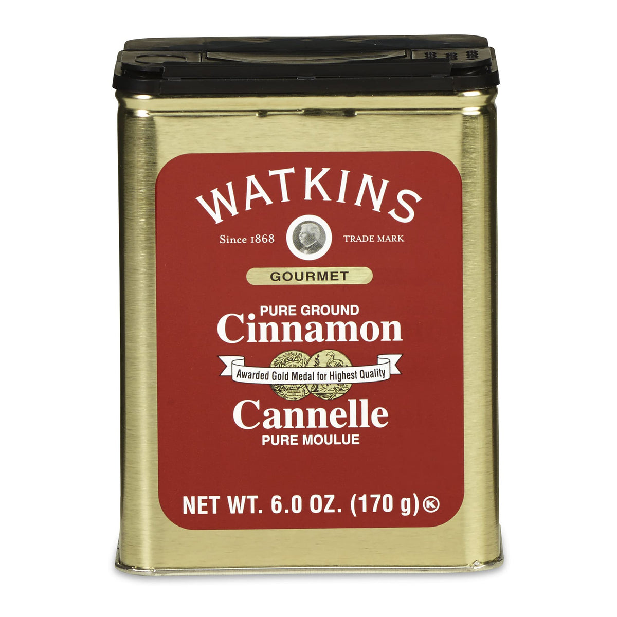 Watkins Cinnamon Tin front shows premium spice for baking and cozy morning coffees