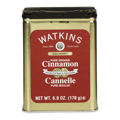 Watkins Cinnamon Tin front shows premium spice for baking and cozy morning coffees