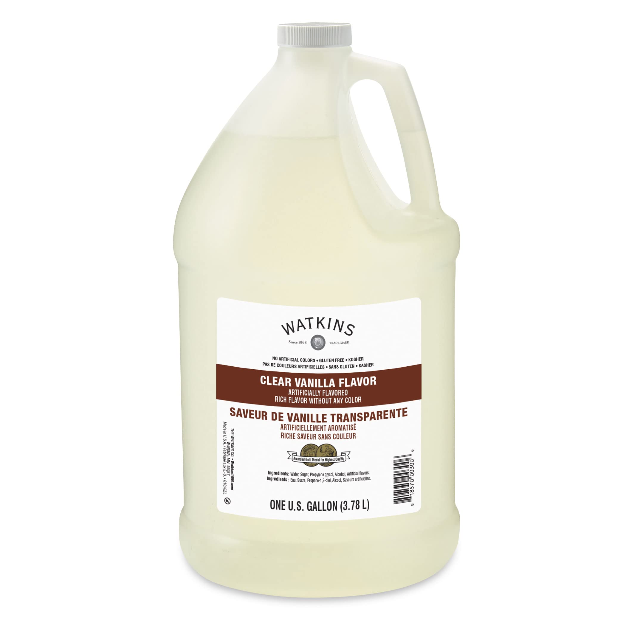Watkins Clear Vanilla bottle front view highlighting colorless flavor for baking