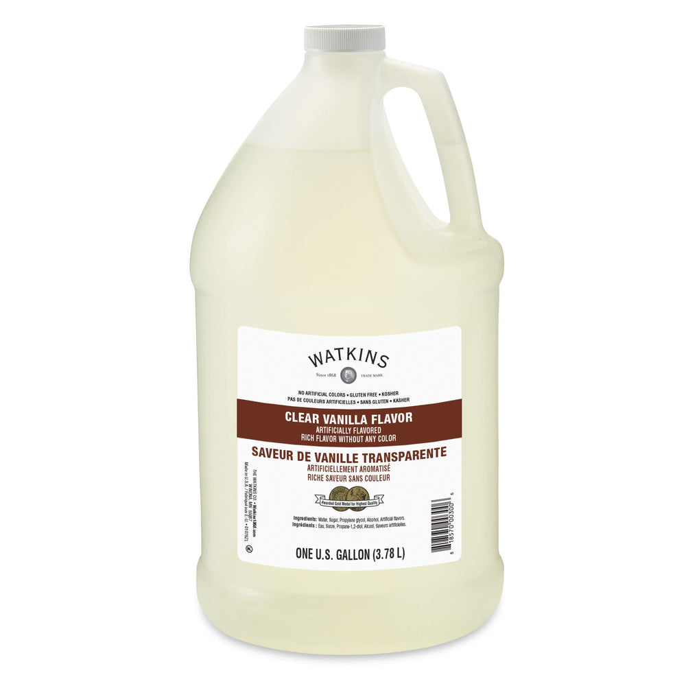 Watkins Clear Vanilla bottle front view highlighting colorless flavor for baking