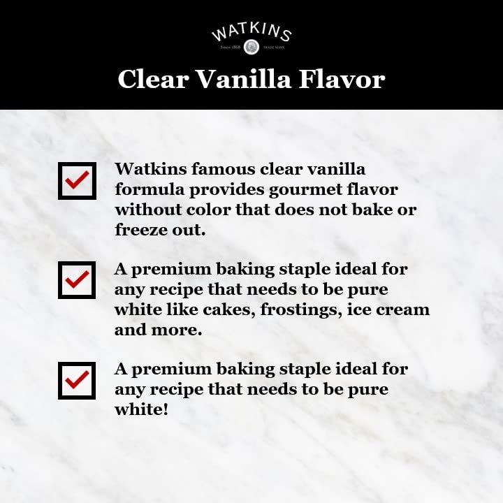 Watkins Clear Vanilla on a kitchen counter as a premium baking staple