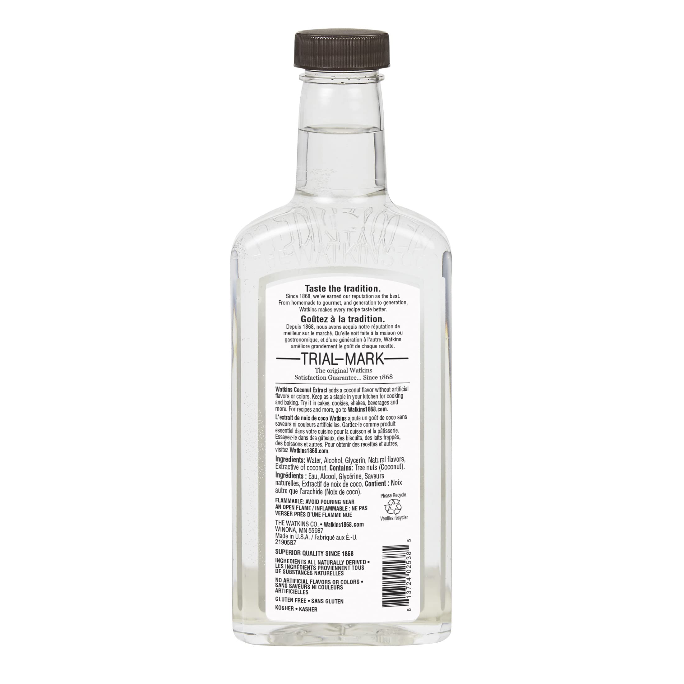 Watkins Coconut Extract cap closeup highlighting natural ingredients.