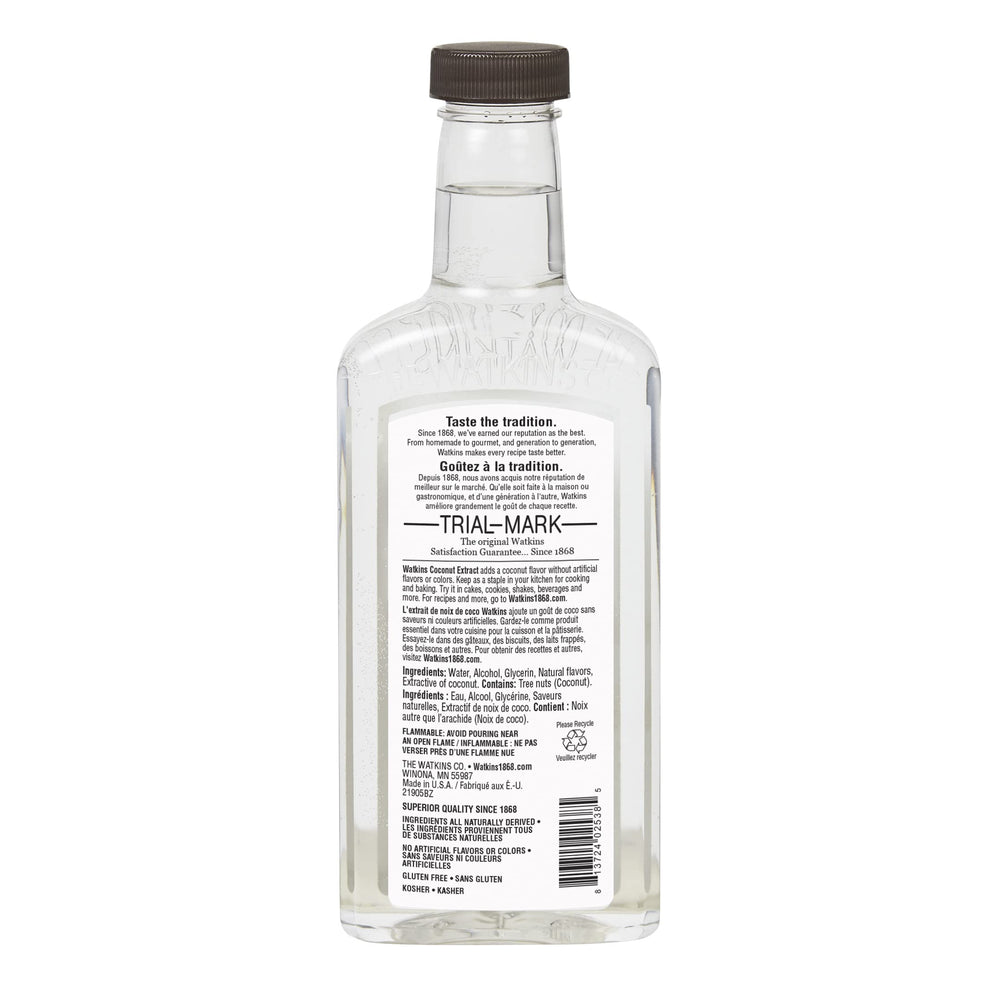 Watkins Coconut Extract cap closeup highlighting natural ingredients.