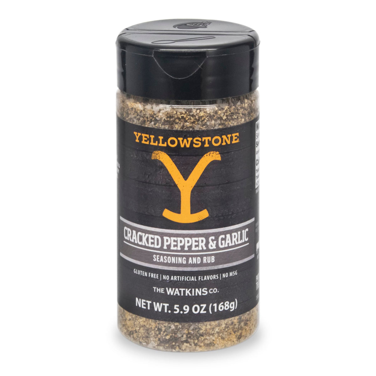 Watkins cracked pepper garlic seasoning jar with coarse pepper crystals for bold flavor.