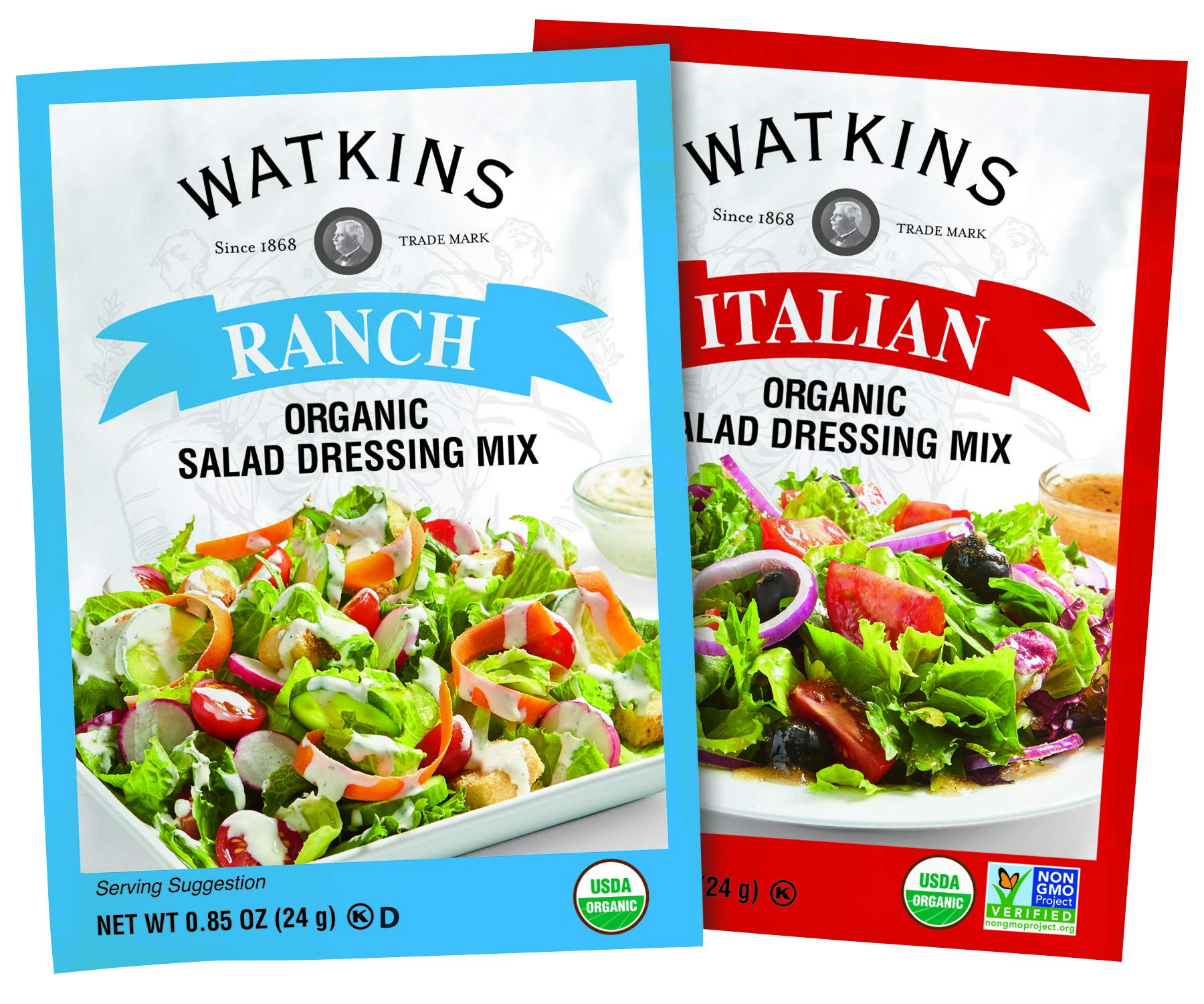 Watkins Dressing Mix in kitchen setup ready to mix into a fresh salad.