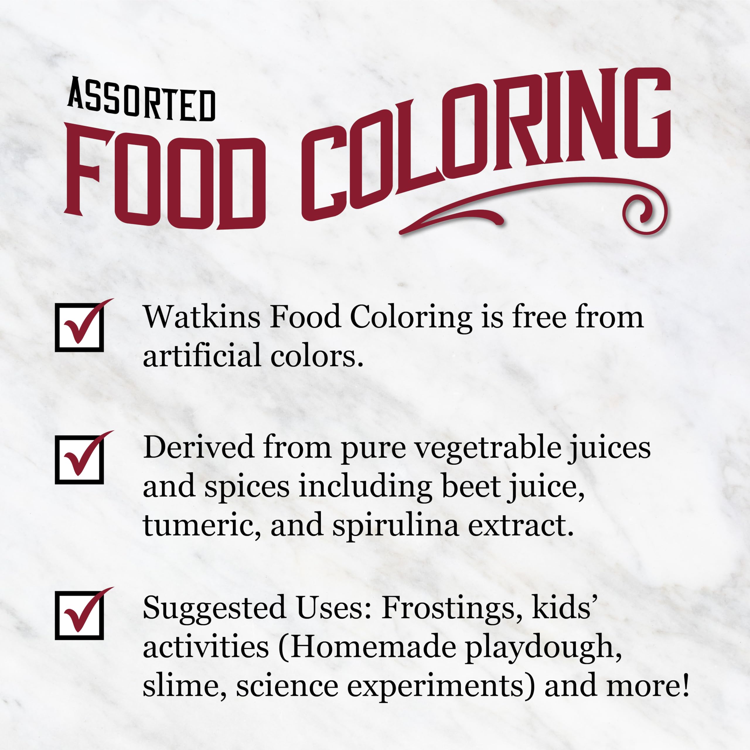Packaging of Watkins assorted coloring showing four colors and USA-made label