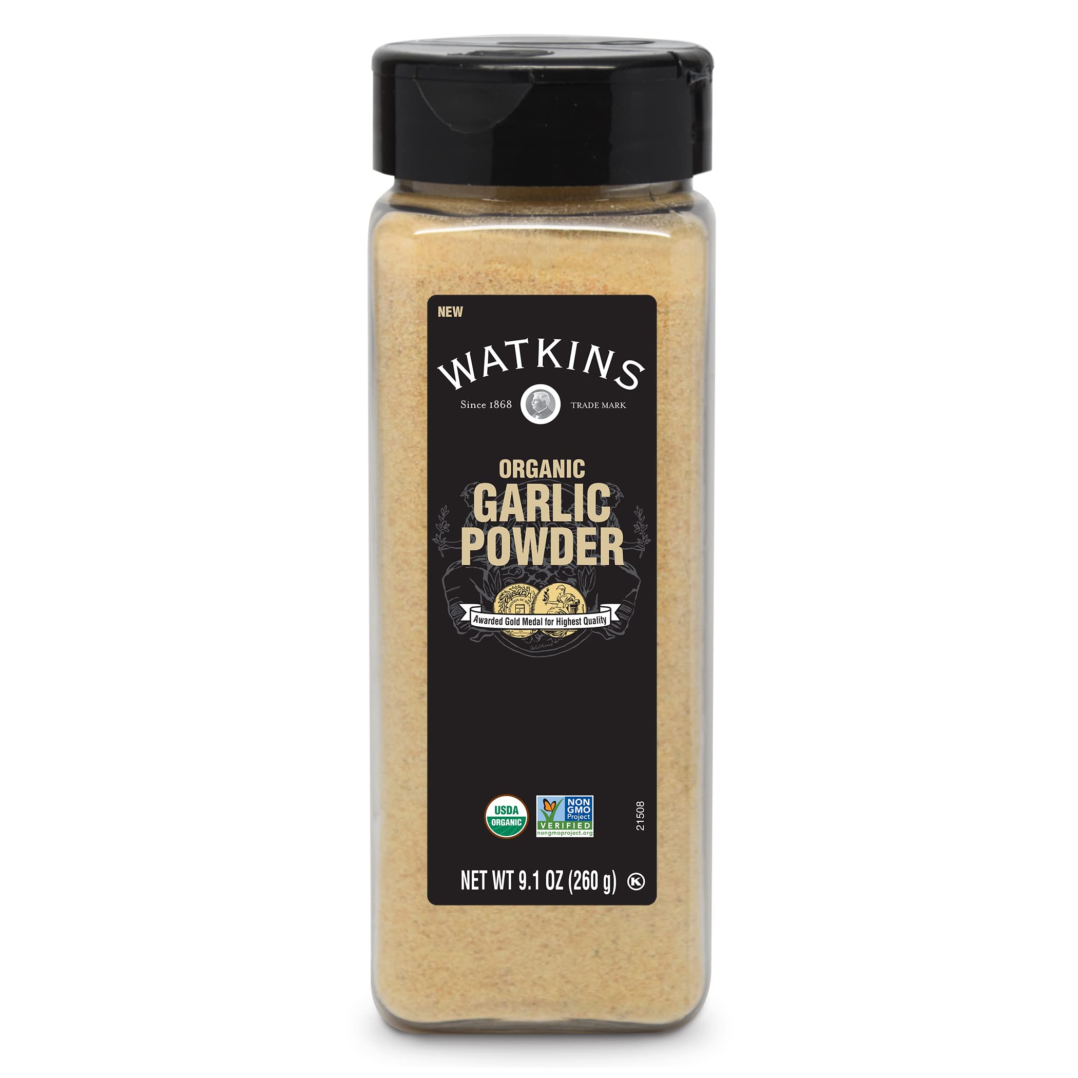 Watkins garlic powder bottle on shelf, adding warm aroma to everyday cooking.