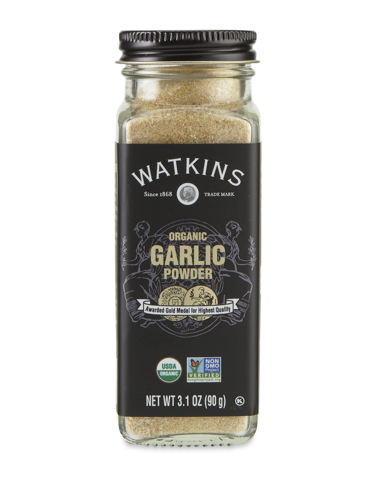 Watkins Garlic Powder bottle on a shelf, quick flavor access for meals.
