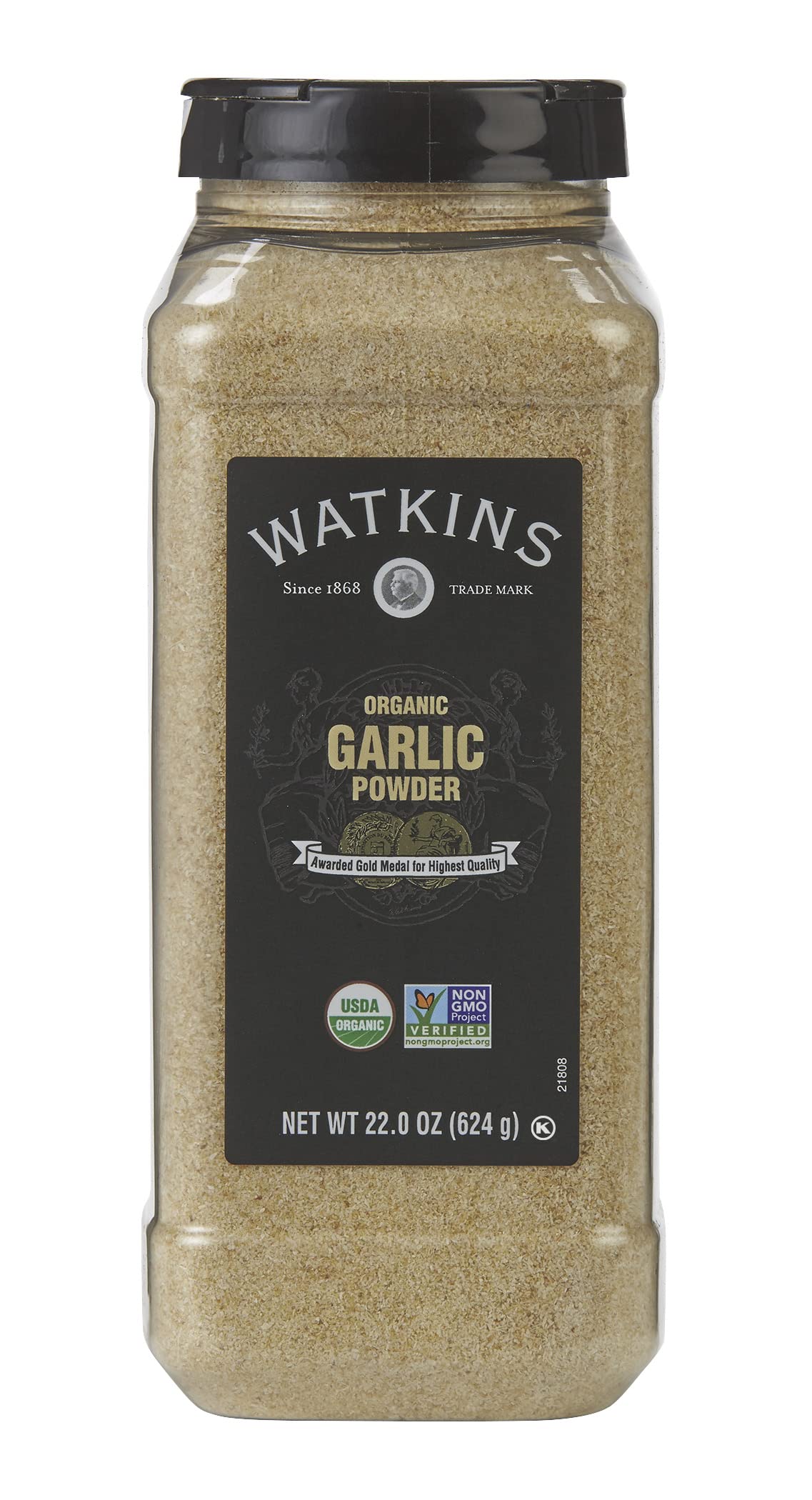Watkins Organic Garlic Powder bottle label highlighting pure, aromatic flavor for home cooking.