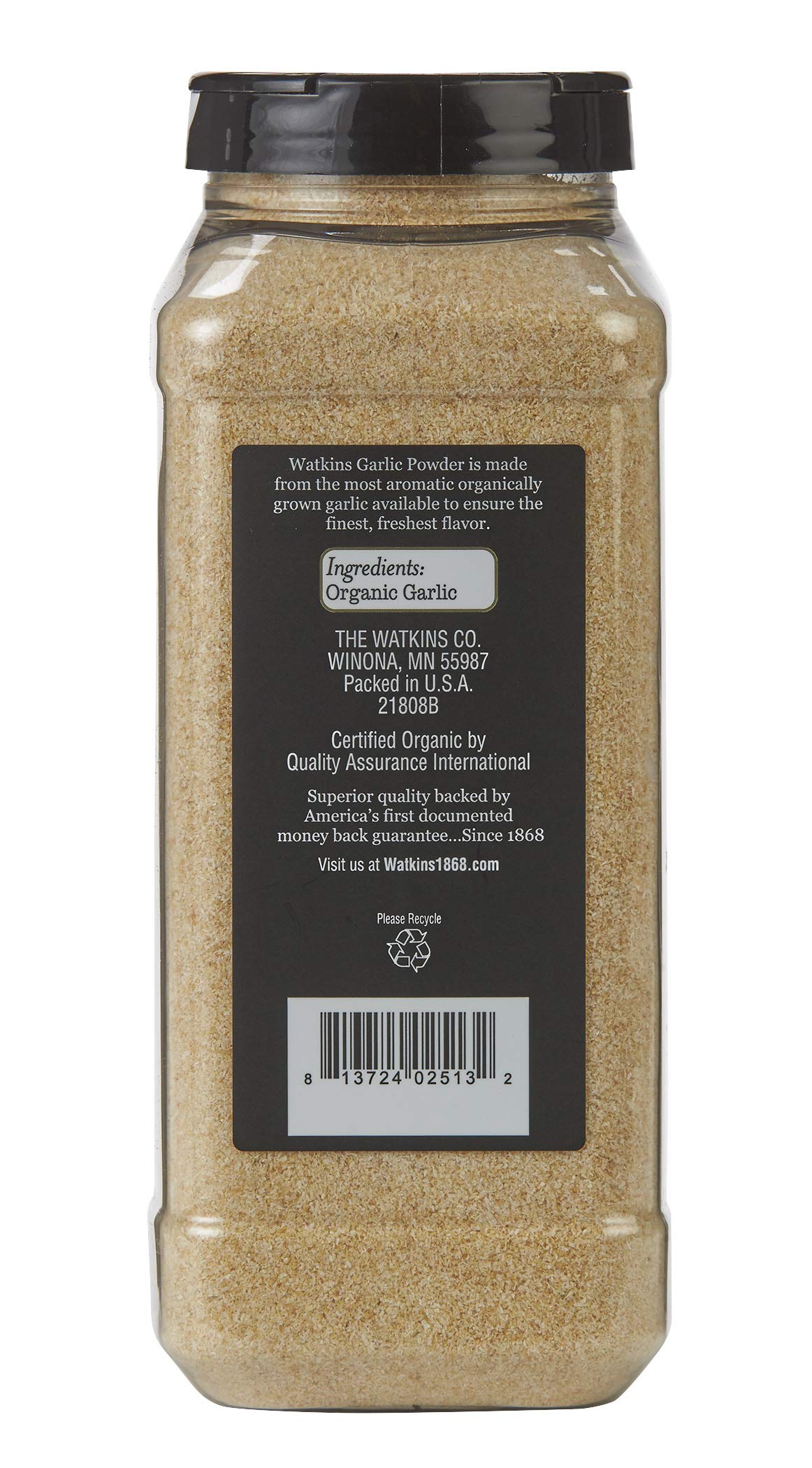 Watkins Organic Garlic Powder close-up shows fine texture ideal for seasoning.