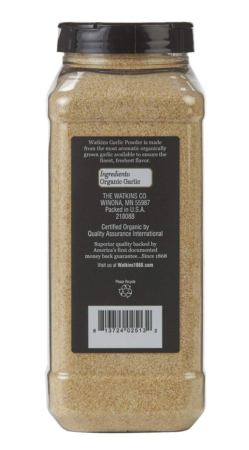 Watkins Organic Garlic Powder close-up shows fine texture ideal for seasoning.