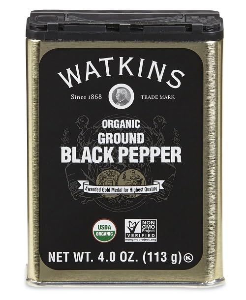 Watkins ground black pepper in golden tin boosts everyday cooking flavors.