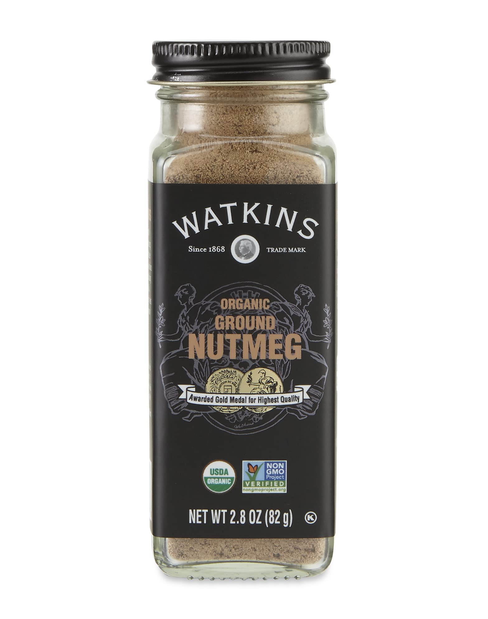 Watkins ground nutmeg in a square glass grinder, ideal for desserts and warm beverages.