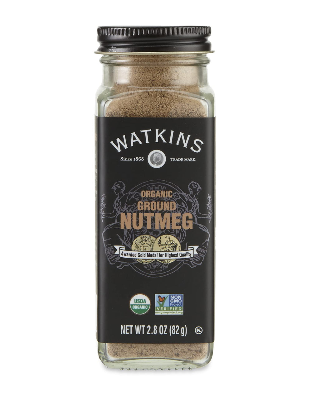 Watkins ground nutmeg in a square glass grinder, ideal for desserts and warm beverages.