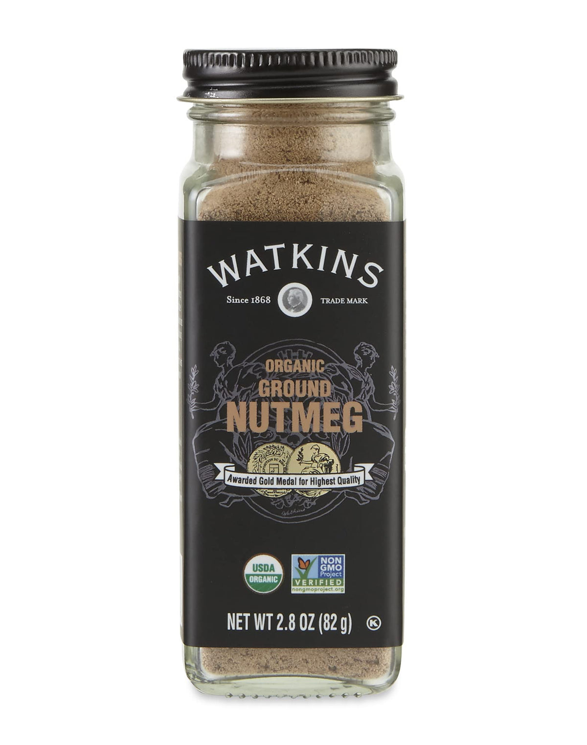 Watkins ground nutmeg in a square glass grinder, ideal for desserts and warm beverages.