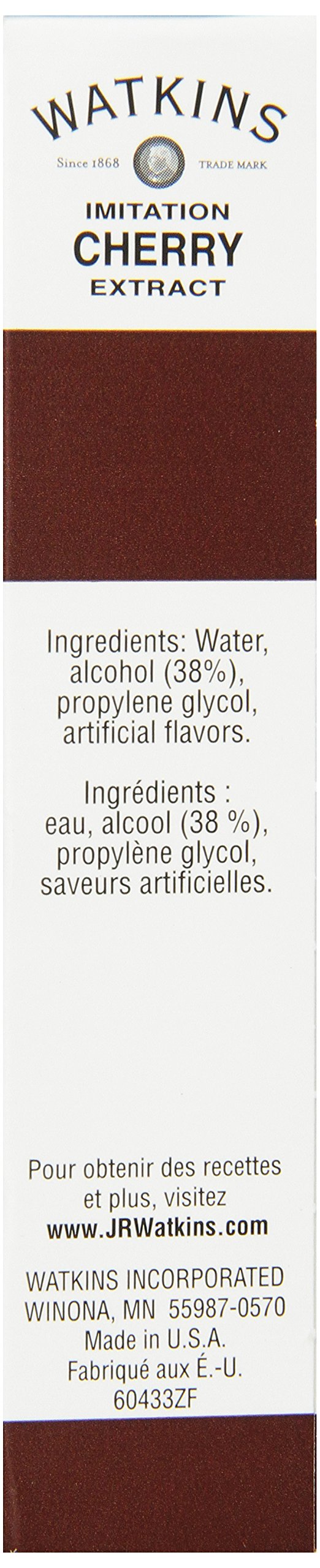 Watkins imitation cherry extract being poured, showcasing easy flavor addition.