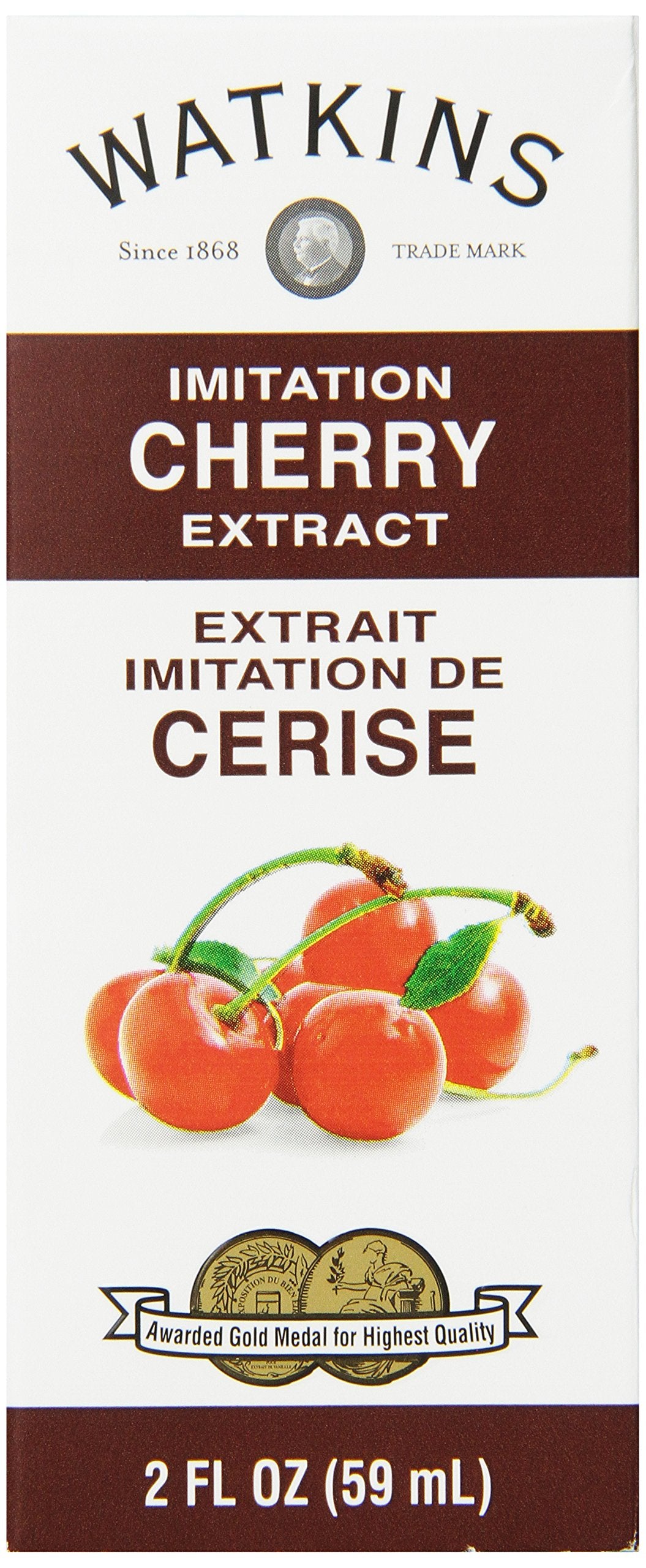 Watkins imitation cherry extract bottle with pour spout, ideal for dessert flavoring.