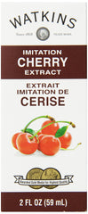 Watkins imitation cherry extract bottle with pour spout, ideal for dessert flavoring.