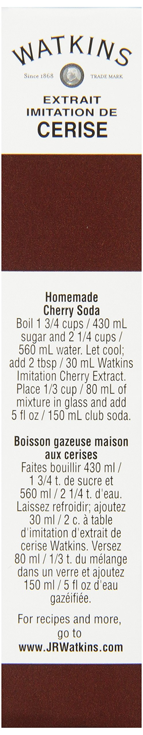 Watkins imitation cherry extract label close-up, compact size for home bakers.