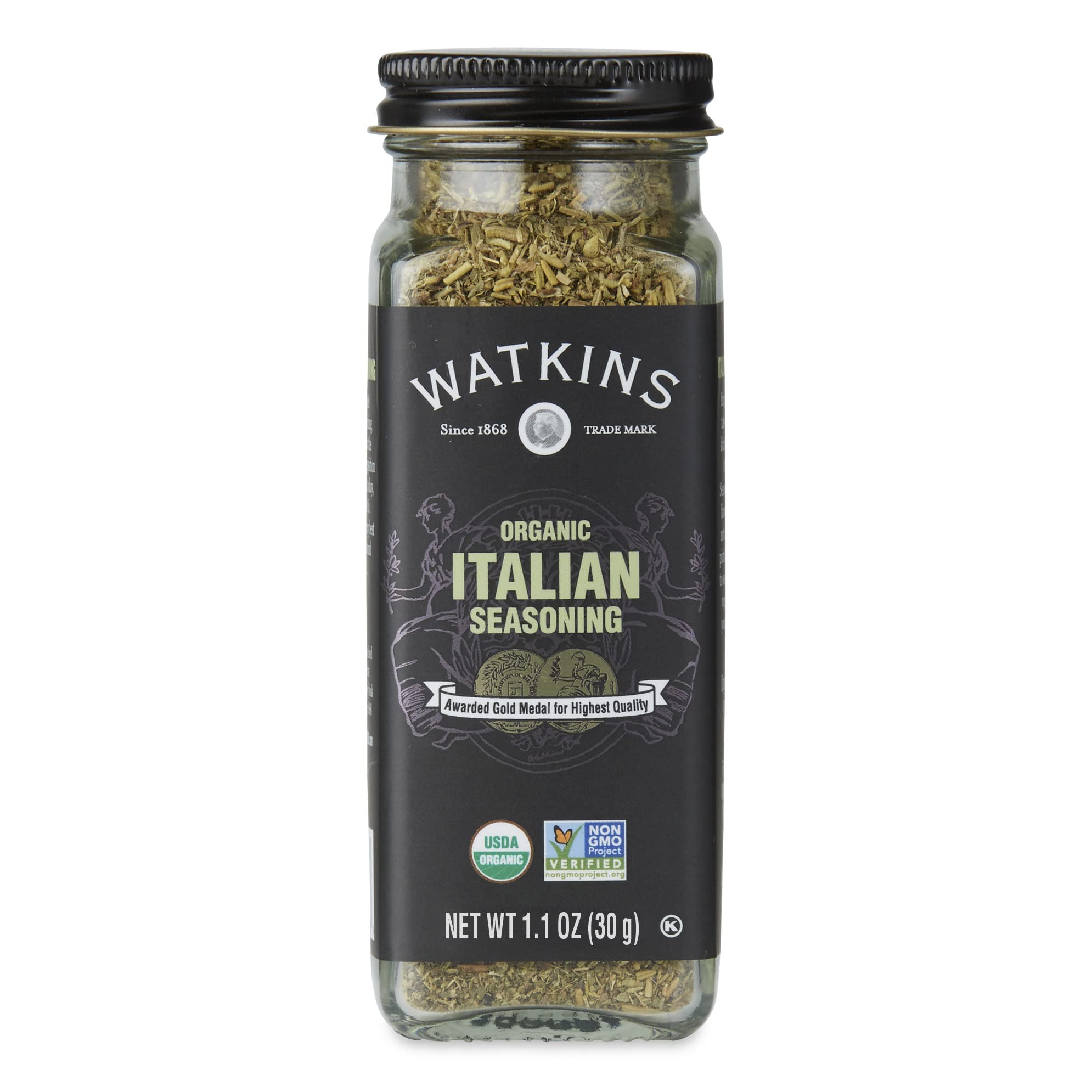 Watkins Italian Seasoning bottle front for easy pantry access and flavor boost.