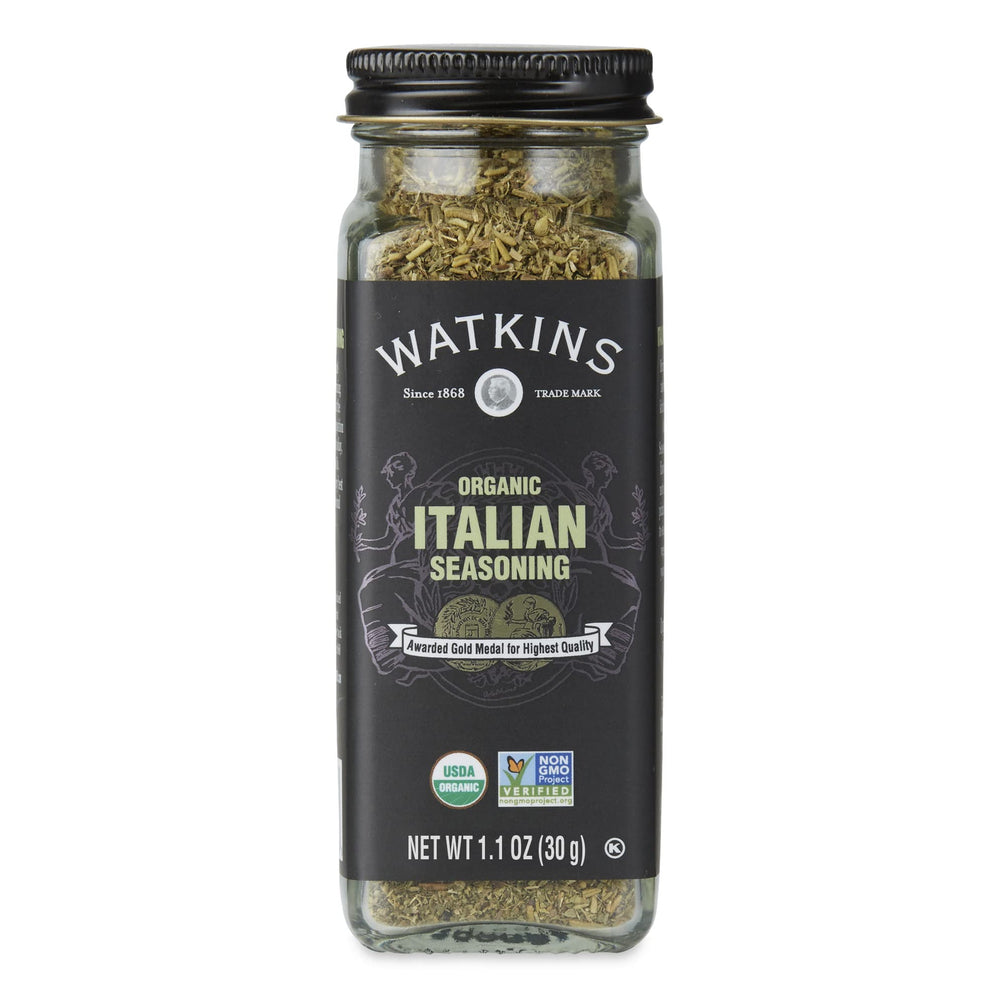 Watkins Italian Seasoning bottle front for easy pantry access and flavor boost.