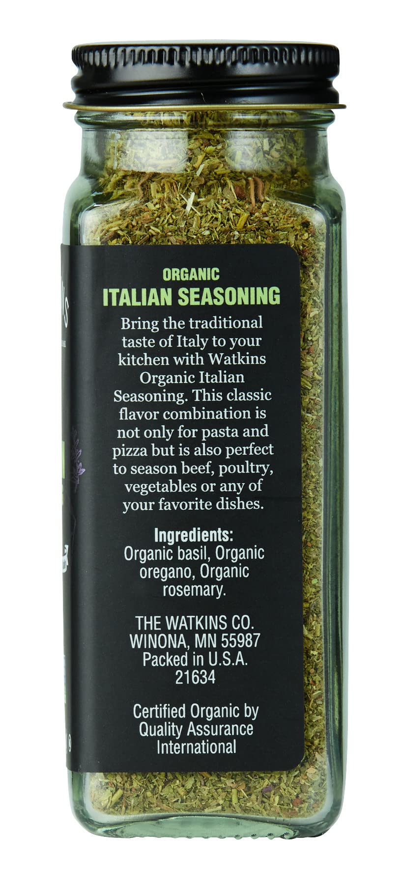 Close-up of Watkins square glass grinder with Italian herbs ready to grind.