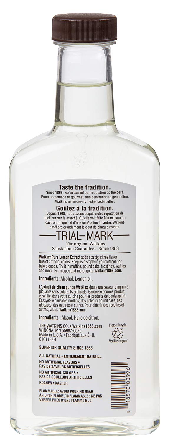 Watkins lemon extract label detail highlights 100% pure oil-based flavor