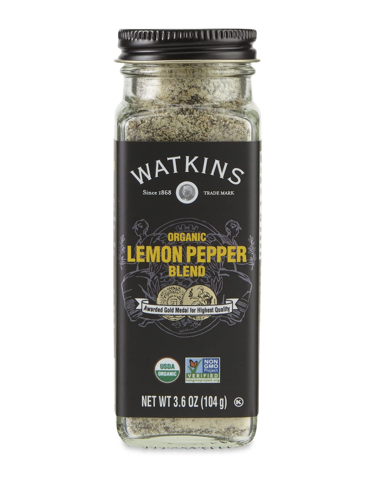 Watkins Lemon Pepper Blend bottle front with clear label and organic promise
