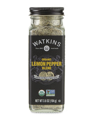 Watkins Lemon Pepper Blend bottle front with clear label and organic promise