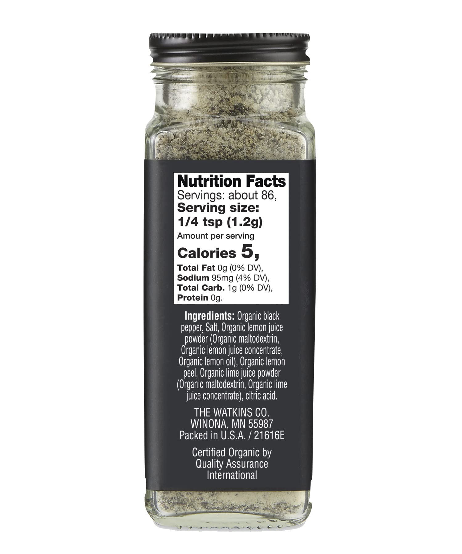 Watkins Lemon Pepper bottle label close-up highlighting USDA organic and non-GMO