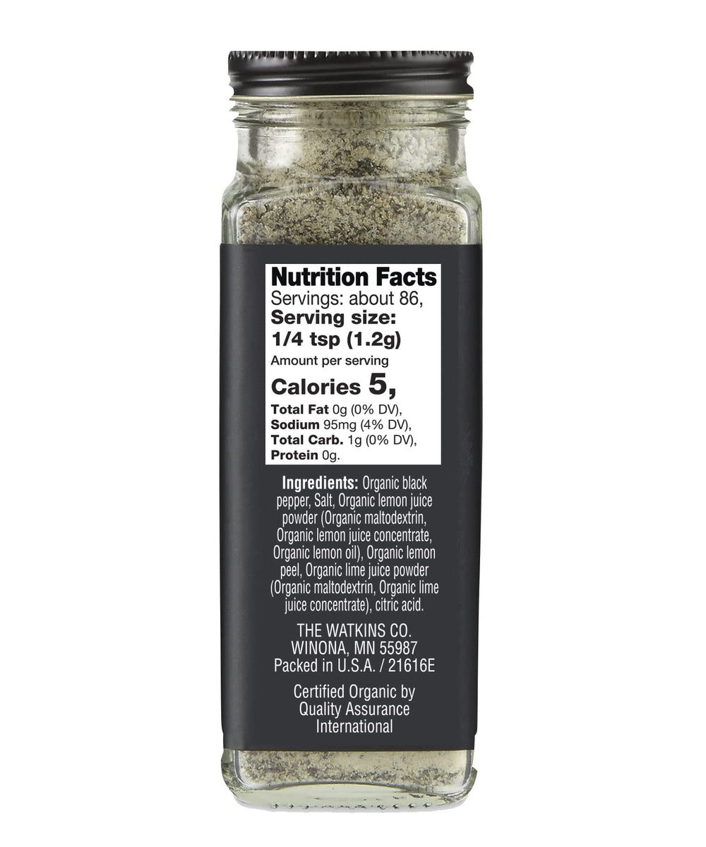 Watkins Lemon Pepper bottle label close-up highlighting USDA organic and non-GMO