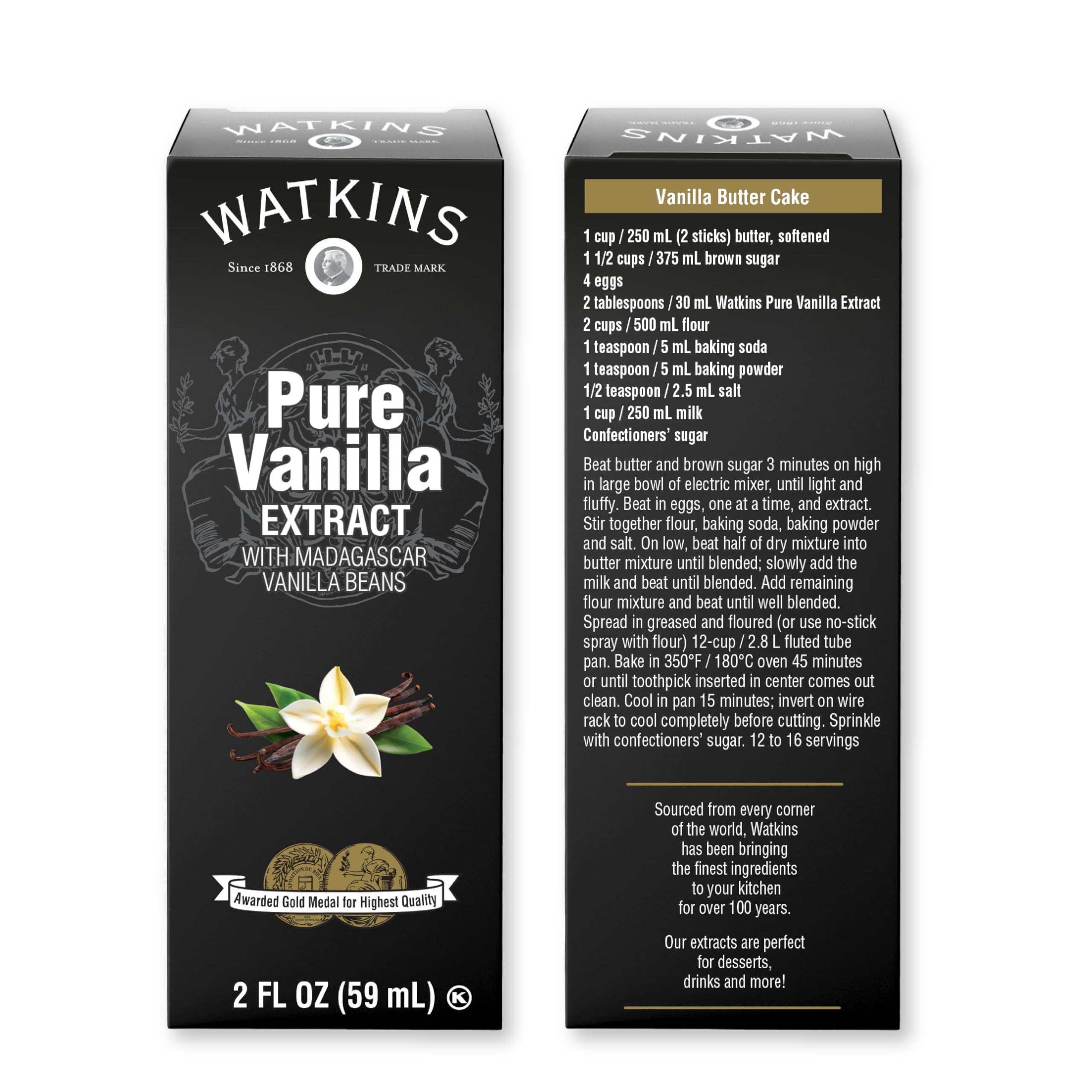 Watkins Madagascar vanilla beans visible inside extract for authentic aroma.